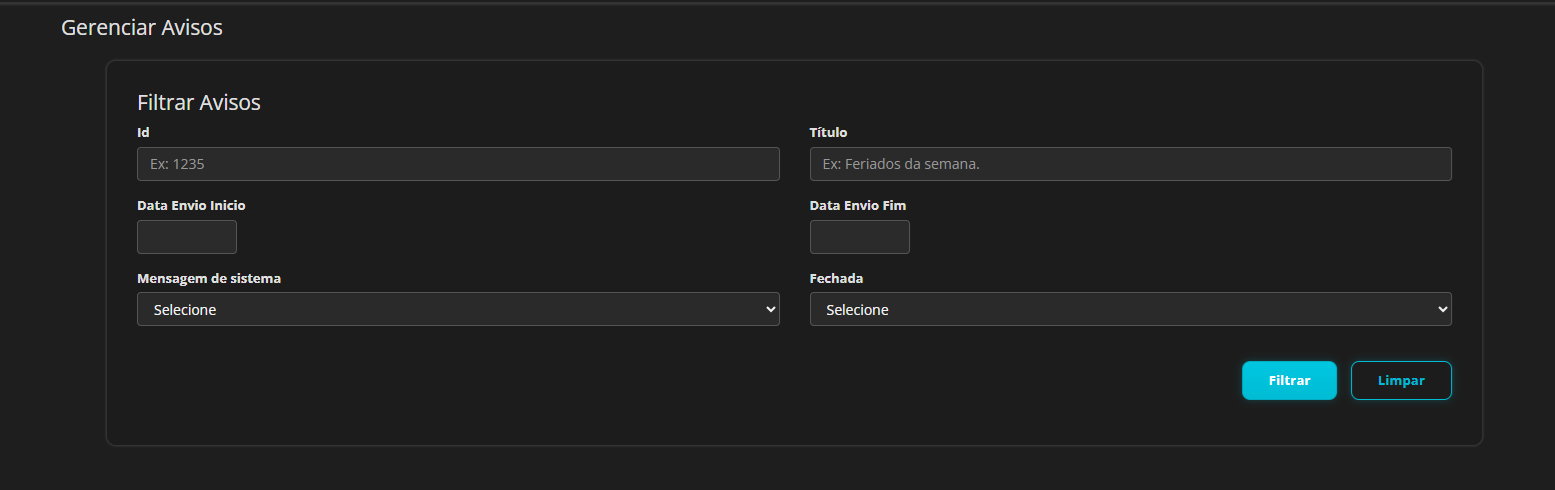 Tela de cadastro/edição de aviso com campos Título, Conteúdo, Publicar de/até e Status Ativo