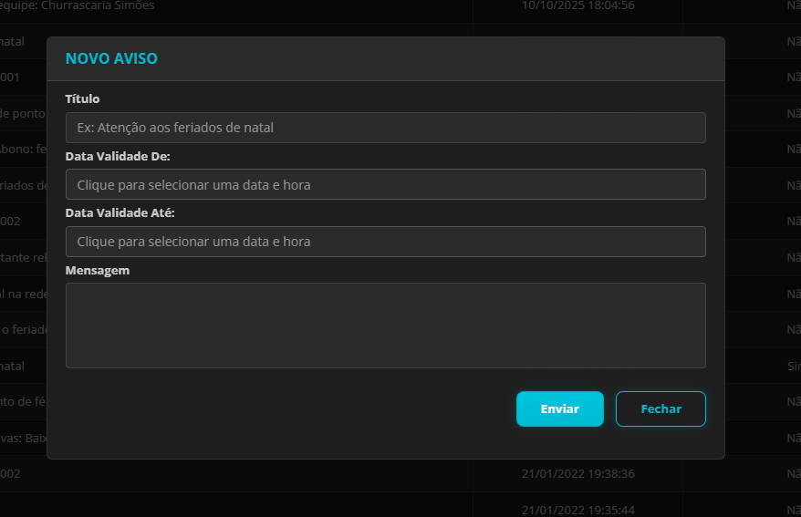 Painel de filtro de avisos com campos de título, status e intervalo de datas