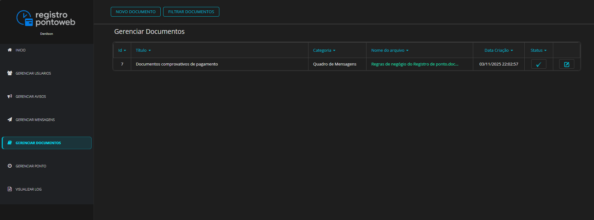 Tela de Gerenciar Documentos com tabela apresentando Id, Título, Categoria, Nome do arquivo (link para download), Data de criação e Status; botões NOVO DOCUMENTO e FILTRAR DOCUMENTOS no topo