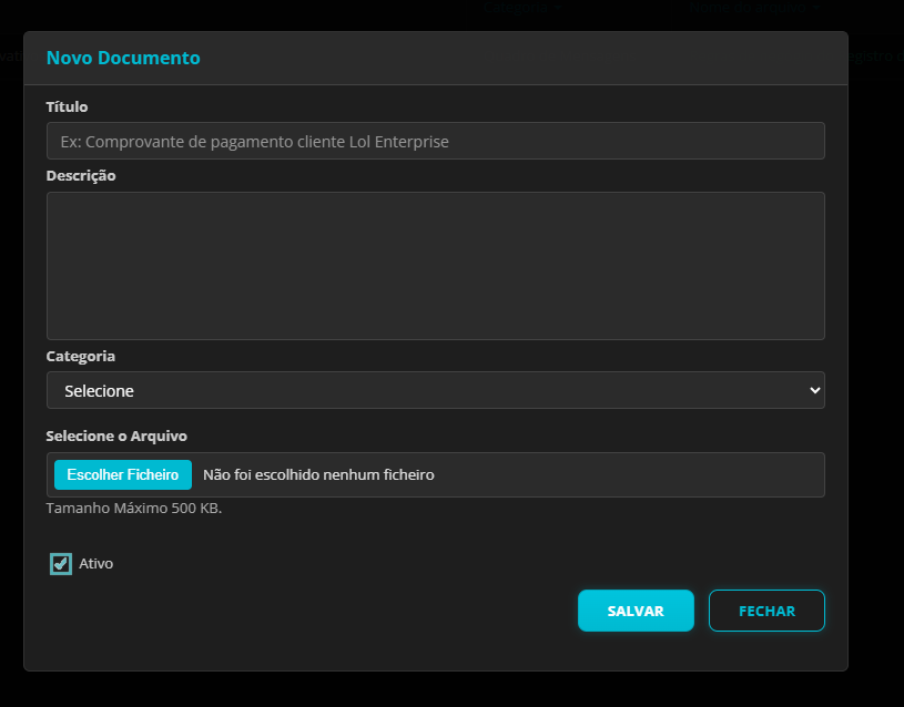 Modal Novo Documento com campos Título, Descrição, Categoria (seletor), Selecionar arquivo e opção Ativo; botões SALVAR e FECHAR