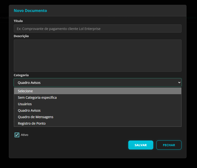 Seletor de Categoria expandido exibindo opções como: Sem categoria específica, Usuários, Quadro de Avisos, Quadro de Mensagens e Registro de Ponto