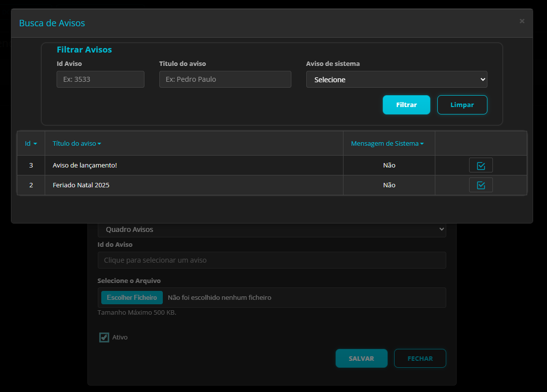 Modal Busca de Avisos com filtros Id do Aviso, Título do aviso e Aviso de sistema; tabela listando avisos com botão de selecionar; campo Id do Aviso visível no formulário ao fundo