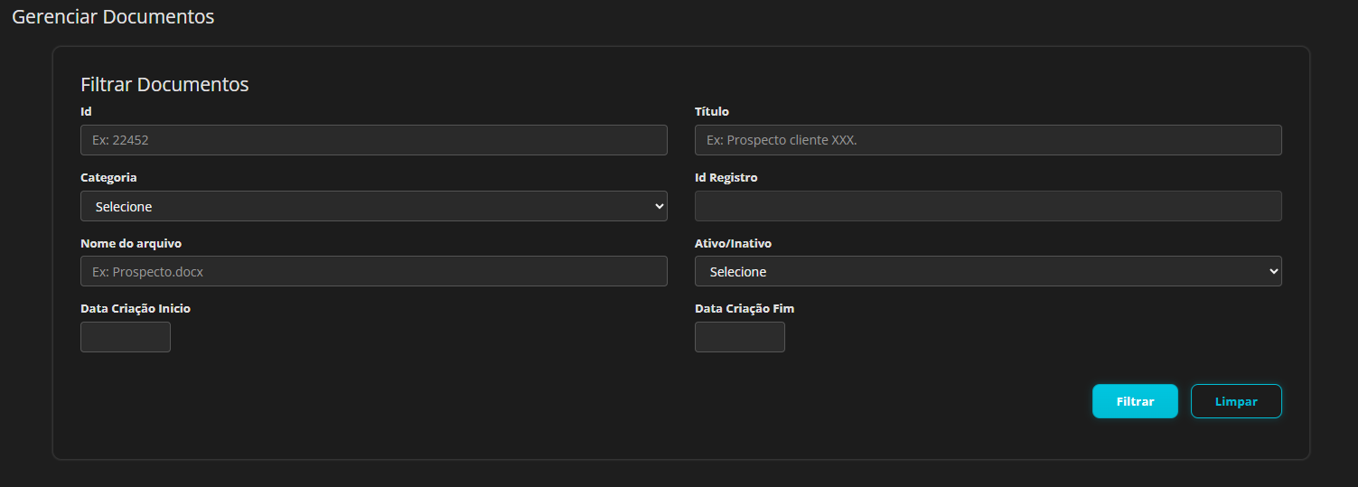 Painel de filtro de documentos com campos como Id, Título, Categoria, Data inicial e Data final, além dos botões FILTRAR e LIMPAR