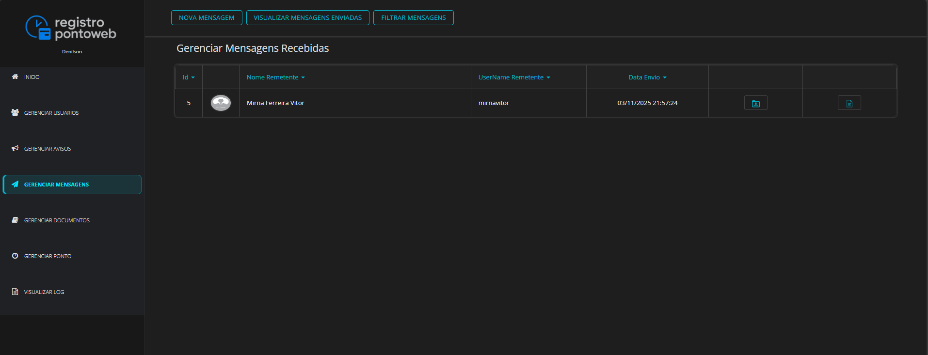 Tela de Mensagens Recebidas com colunas Id, Nome Remetente, UserName Remetente e Data Envio; barra superior com botões Nova Mensagem, Visualizar Mensagens Enviadas e Filtrar Mensagens
