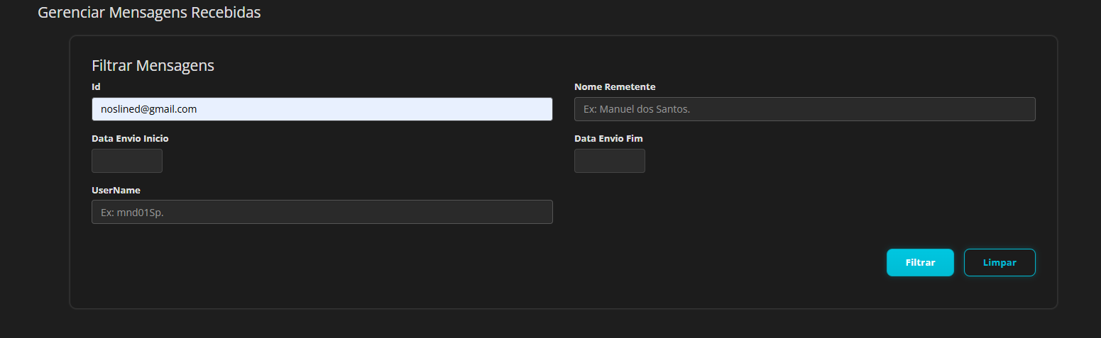 Painel de filtro com campos Id, Nome Remetente, Data Envio Início, Data Envio Fim e UserName; botões Filtrar e Limpar