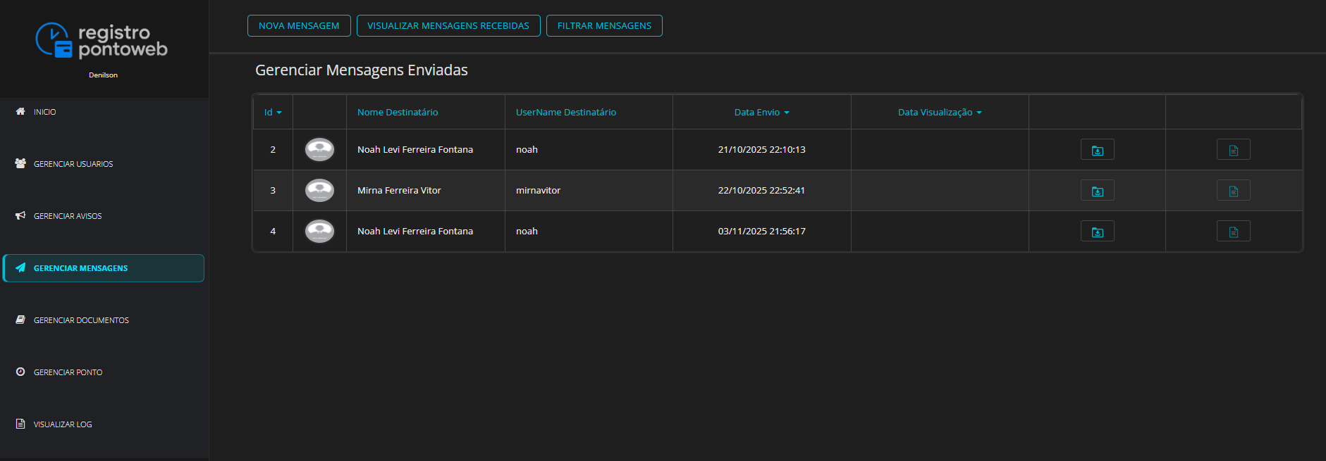 Tela de Mensagens Enviadas com colunas Id, Nome Destinatário, UserName Destinatário, Data Envio e Data Visualização; barra superior com botões Nova Mensagem, Visualizar Mensagens Recebidas e Filtrar Mensagens