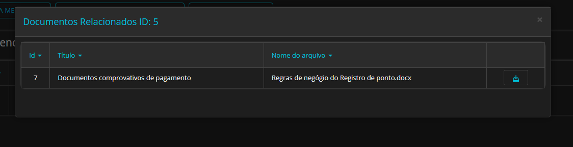 Modal Documentos Relacionados exibindo anexos da mensagem com colunas Id, Título e Nome do arquivo; ação para download. O vínculo dos arquivos é gerido no módulo Gerenciar Documentos