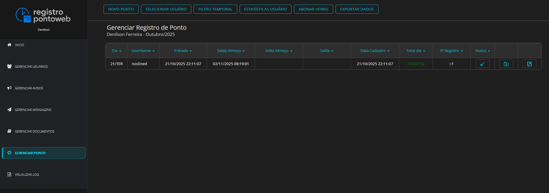 Gerenciar Registro de Ponto com cabeçalho mostrando o nome do usuário e o mês; barra com botões Novo Ponto, Selecionar Usuário, Filtro Temporal, Estatísticas Usuário, Abonar horas e Exportar Dados