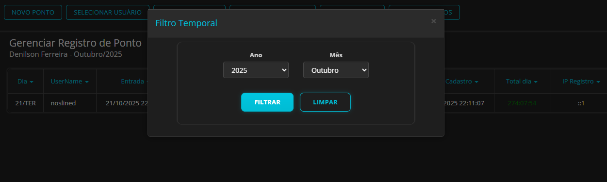 Modal Filtro Temporal com seletores de Ano e Mês; botões Filtrar e Limpar