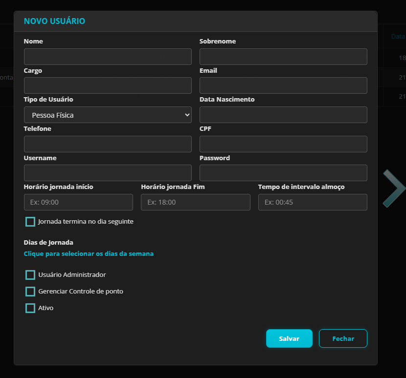 Modal Novo Usuário com dados, jornada, dias de jornada e permissões