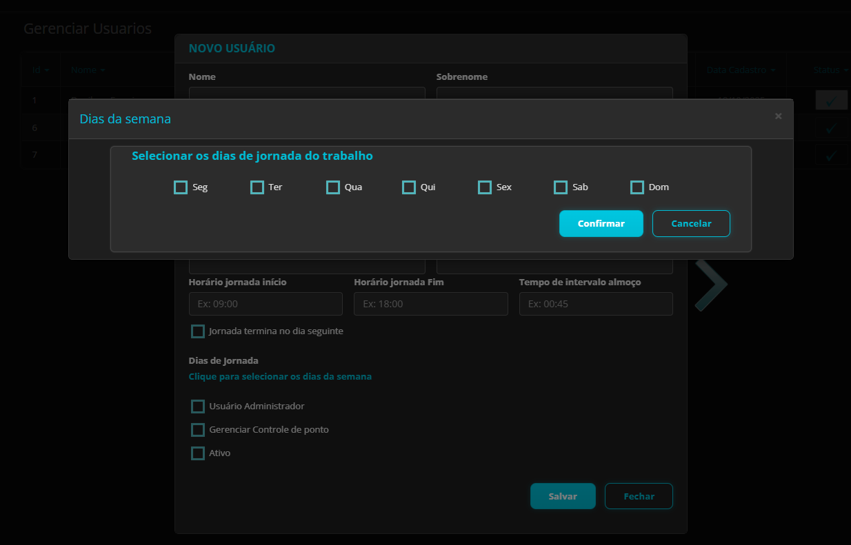 Seleção dos dias da semana para dias de jornada