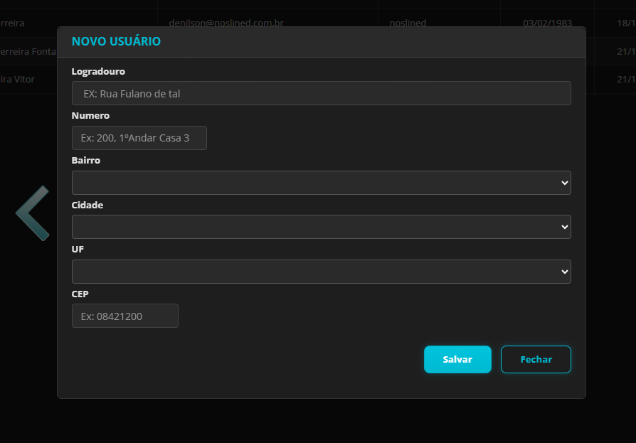 Tela de endereço do usuário com campos principais