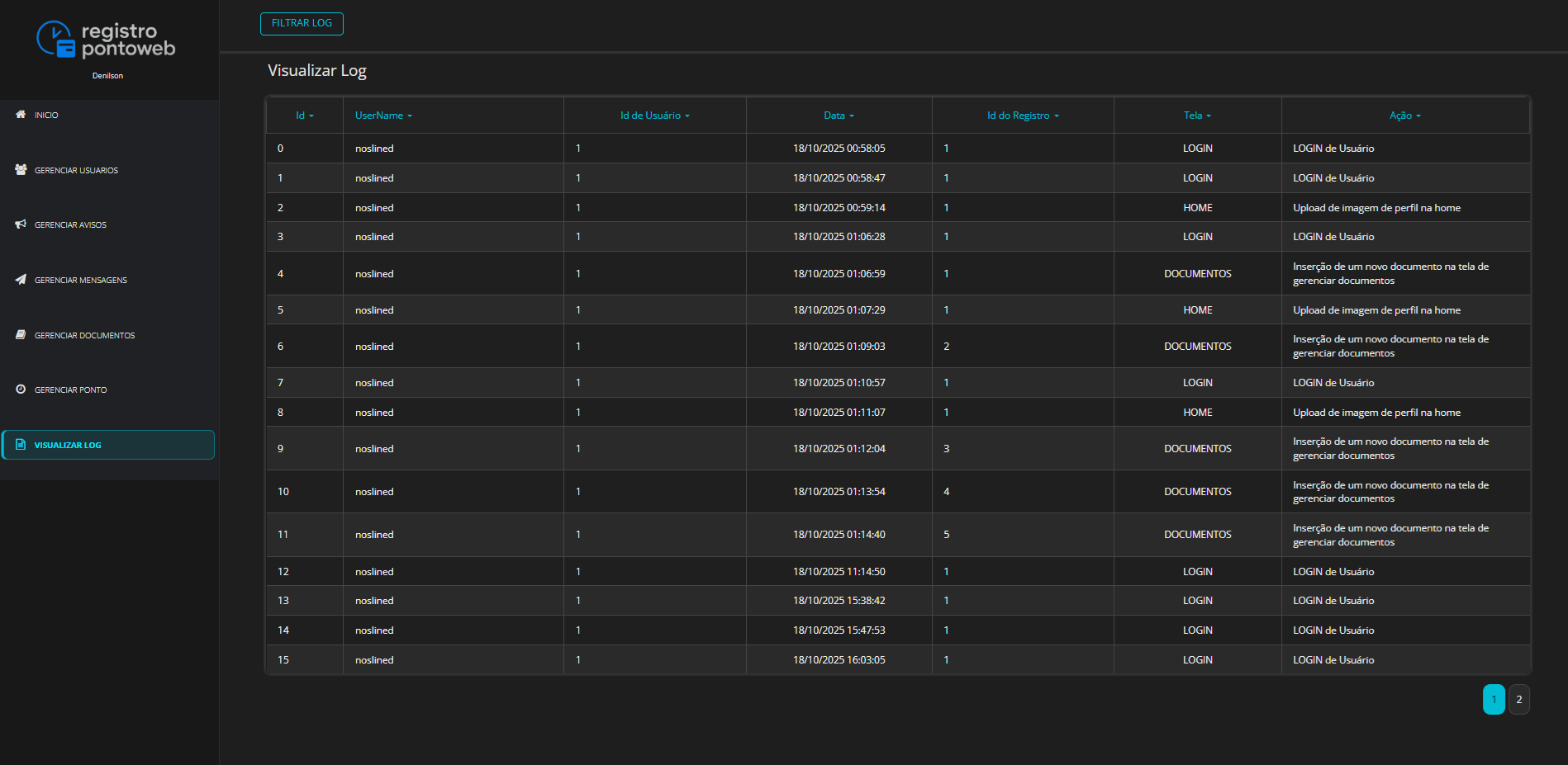 Log do RPW — visão geral com lista de eventos e filtros de período