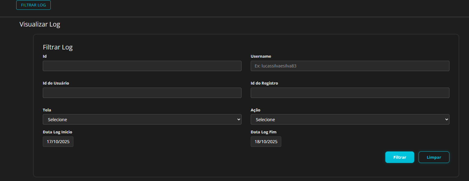 Log do RPW — exemplo de registros com colunas de Data/Hora, Usuário, Ação e Detalhes