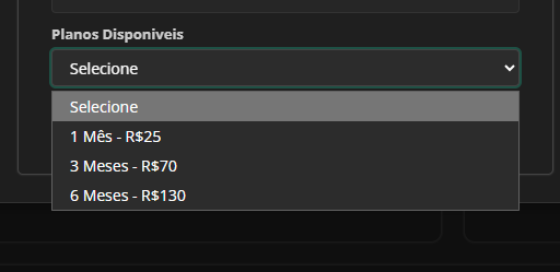 Modal de Upgrade com opções de planos (Mensal, Trimestral, Semestral) e ação de confirmar