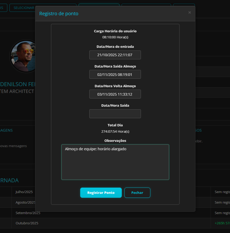 Modal de Registrar Ponto do RPW com horário atual e botão Confirmar